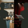 Young man serving coffee in café and holding script in theater