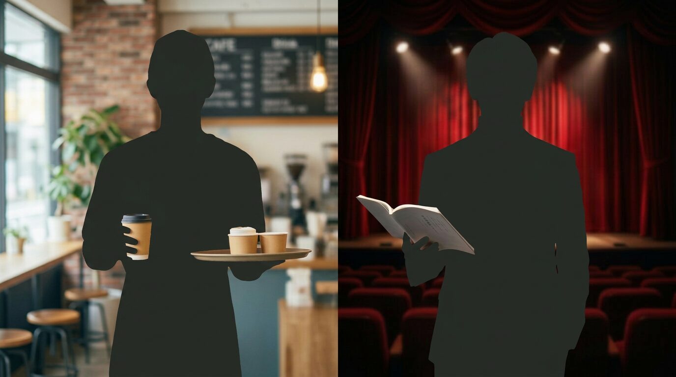Young man serving coffee in café and holding script in theater